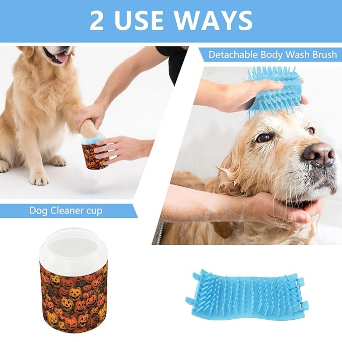 Dog Paw Cleaner Cups for Dogs Pets Foot Washer Paw Scrubber for Medium Small Cats Dogs Cute Cleaning Cup Cartoon Orange Halloween Pumpkin Lanterns