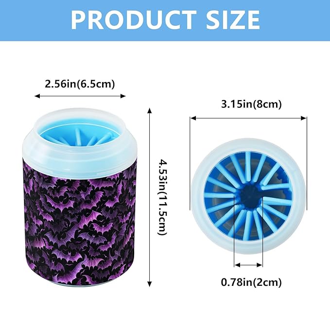 Dog Paw Cleaner Cups for Dogs Pets Foot Washer Paw Scrubber for Medium Small Cats Dogs Cute Cleaning Cup Purple Halloween Bats
