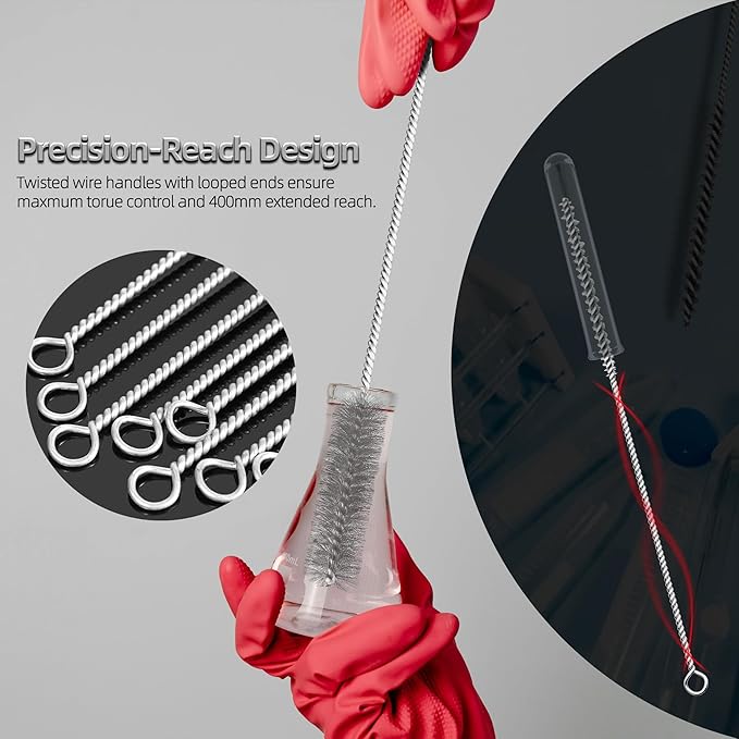 16 Inch Extra Long Pipe Cleaning Brush Set, Stainless Steel Bristles Bore Brush, 9Pcs Variety Wire Brush Pack for Auto Parts, Bottles,Tubes