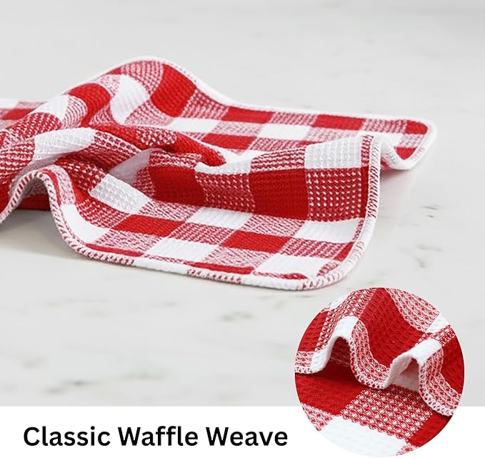 PurpleEssences Waffle Weave Plaid Dish Cloths, 100% Cotton, 12x12 Inch, Soft Absorbent Quick Drying Buffalo Check Dish Rags for Kitchen, 8 Pack, Christmas Holiday Winter - Red & White