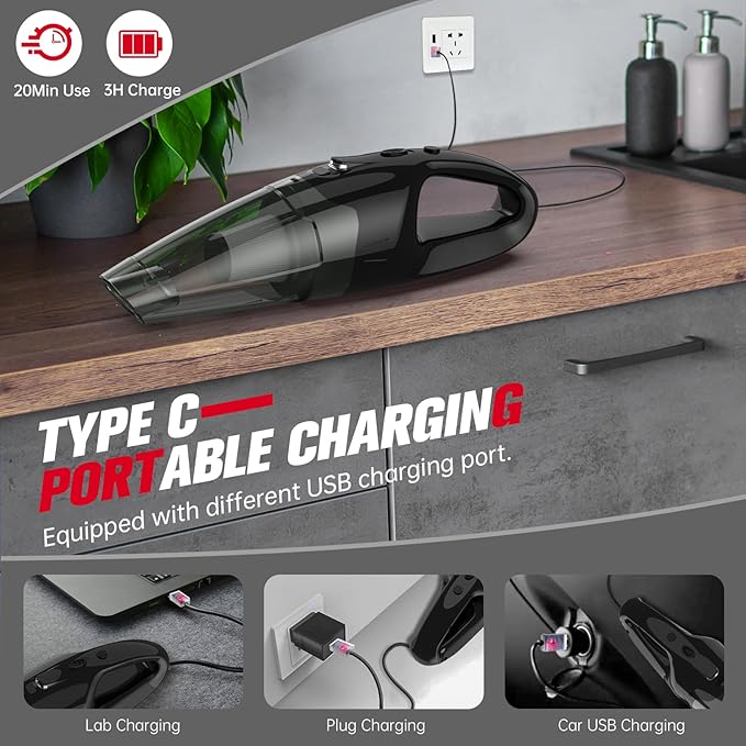 Handheld Vacuum Cordless Rechargeable, Mini Car Vacuum Cleaner with LED, USB Charge, 1.65LBs Hand Vacuum Cordless, 25 Minutes Run Time for Car/Home/Pet Hair