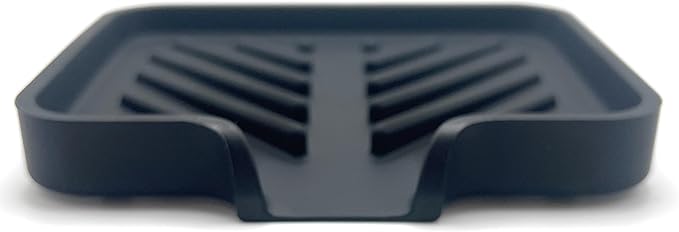 Happitasa Silicone Soap Dish Tray and Sponge Holder with Drain Chute and Feet | 3-Way Sloped Design | Bathroom and Kitchen Sink Organizer Caddy (Black, 5"x4")