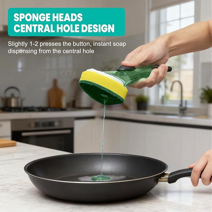 HELIME Dishwand Refills, Non-Scratch Replacement Sponge Heads for Dish Wand, Leak-Proof Handle with Heavy-Duty Scrubbers, Universal Compatible Soap Dispensing Brush for Kitchen, Bathroom Cleaning