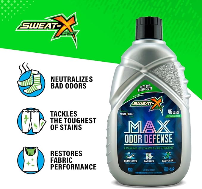 SWEAT X Max Odor Defense Laundry Detergent Liquid - Natural Washing Detergent for Activewear & Gym Clothes - Laundry Detergent for Sensitive Skin - Concentrated Detergent, 45 Loads/Bottle (4 Bottles)