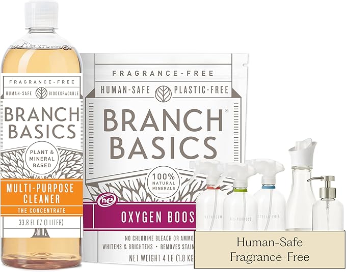 Branch Basics Premium Starter Kit in Glass: All Purpose Cleaner, Glass Cleaner, Bathroom Cleaner, Wash Bottle, and Laundry Bottle (3 Glass Spray Bottles + Concentrate) Fragrance-Free