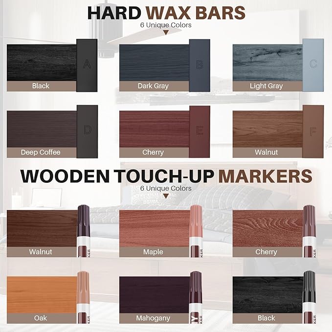 Vinyl Laminate Hardwood Floor Repair Kit -6 Colors Floor Wax Wood Furniture Touch Up Marker Restore Any Scratches, Stains, Cracks, Hole for Floor, Door, Cabinet