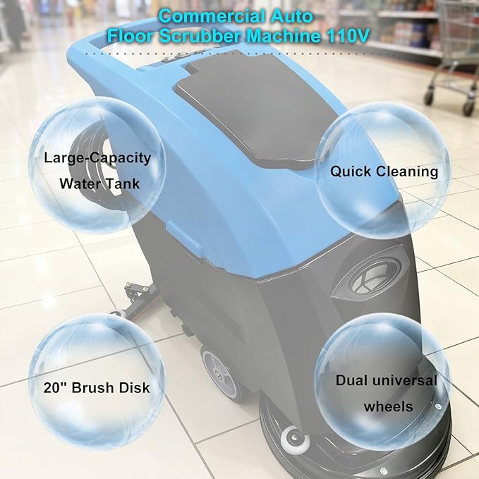 Commercial Auto Floor Scrubber Machine, Brush 20" Cleaning Path, Floor Polishing Machines, 18000sqft/h, Push Scrubber Industrial Mopping Machine 110V
