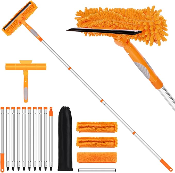 152'' Window Cleaning Kit, 2 in 1 Window Squeegee with Extension Poles, Window Cleaner Tools for Indoor/Outdoor High Window, Car, Glass