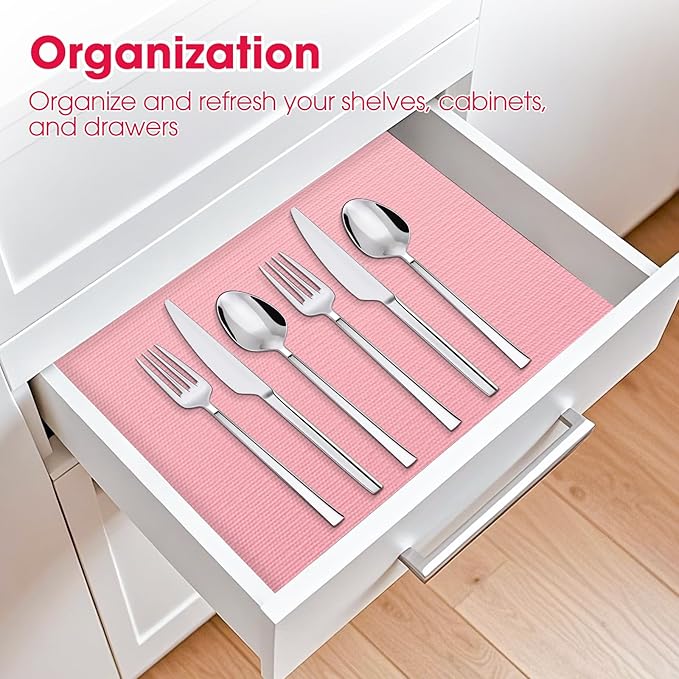 Drawer and Shelf Liner, Non-Slip Kitchen Cabinet Liners Non-Adhesive Thick Strong Grip Waterproof Washable Mats Protect Dresser Shelves Cupboard Bathroom Cabinets, Pink, 12 in X 10 FT
