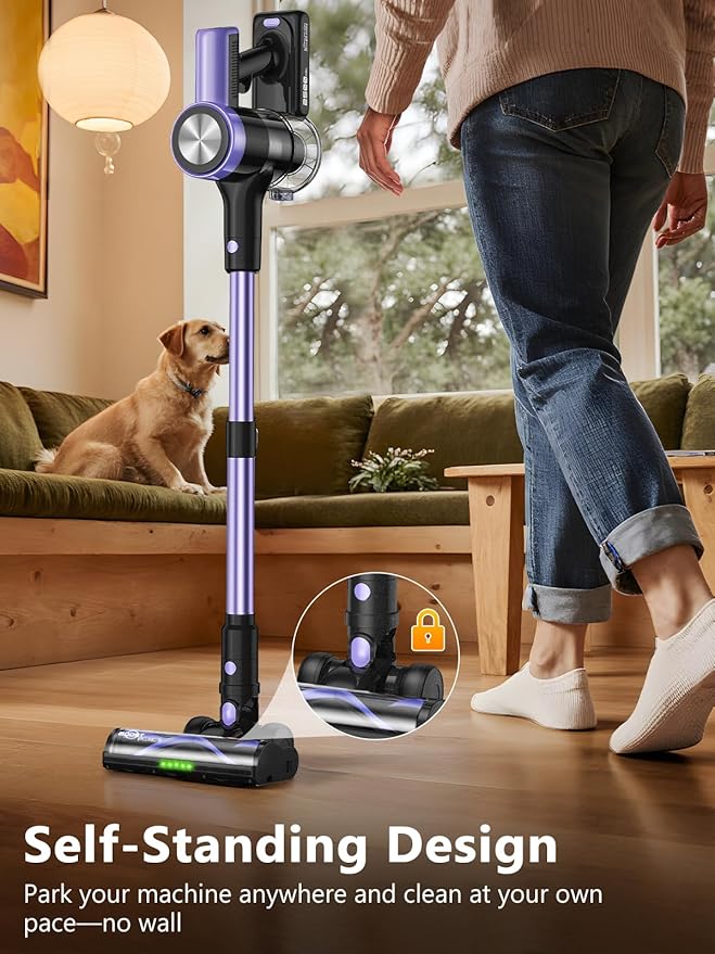 Cordless Vacuum Cleaner, 46KPa/500W Stick Vacuum with 55 Mins Runtime, Self-Standing Vacuum Cleaner for Home, LED Display, Anti-Tangle Brush, Rechargeable Vacuum for Hardwood Floor, Pet Hair (Purple)