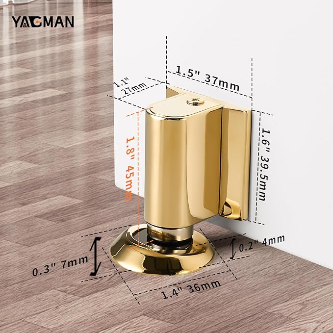 Magnetic Door Stopper, Magnet Floor Door Stop Retractable, Door Magnetic Catch, Door Holder to Keep Door Open, No Drilling Mount with Adhesive, Polished Gold 1 Pack PG-1