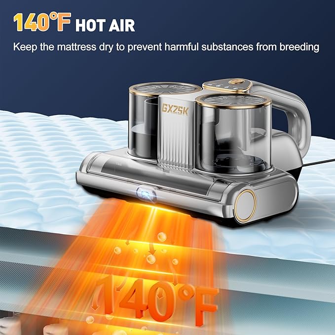 Mattress Vacuum Cleaner, 16kPa Bed Vacuum Cleaner with 253.7nm UV-C Light, Ultrasonic & 140℉ Heating, Dual Cup & Widen Suction Port Handheld Vacuums for Bed, Sofa, Couch, Crib (500W, Corded)