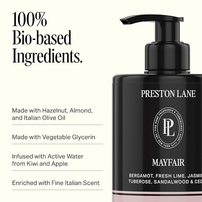 Preston Lane Luxury Hand Wash, Mayfair Scent | Hydrating and Nourishing Formula with Organic Oils, Active Kiwi and Apple Water, and Vegetable Glycerin | Gentle Cleansing, Vegan and Cruelty Free