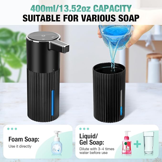 Automatic Soap Dispenser Foaming Touchless: 14oz Plastic - 4 Level Adjustable Wall Mount Foam Rechargeable Electric Auto Smart Black Soap Dispenser - Bathroom Kitchen Hand Dish Lotion