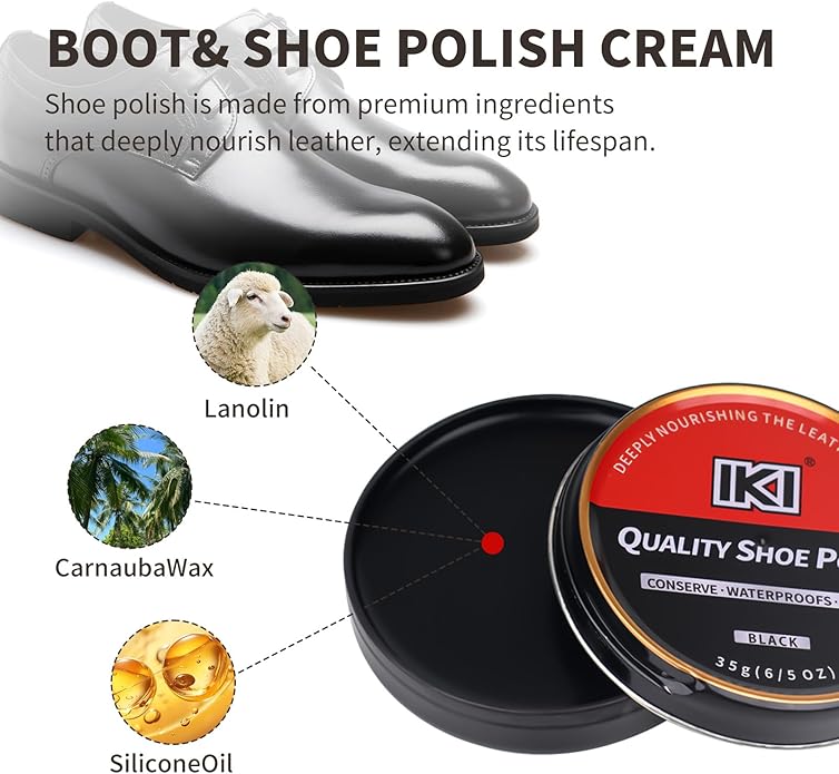 IKI Shoe Shine Polish Kit - 7PCS Leather Boot Care Kit with Black Shoe Polish Horsehair Brush Cloth Shoe Horn for Men