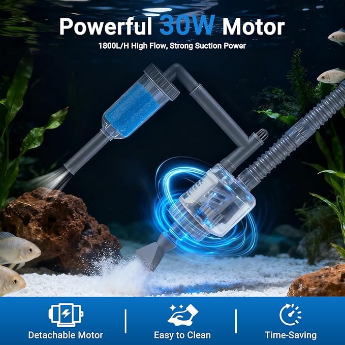 Aquarium Vacuum Gravel Cleaner, 6 in 1 30W Electric Fish Tank Cleaner with Adjustable Length, Automatic Removable Vacuum for Aquarium Change Water, Wash Sand, Water Filter and Waste Circulation