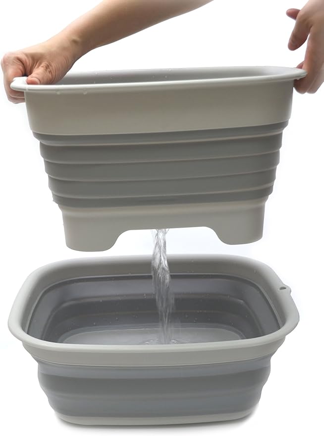 SAMMART 9.1L (2.4Gallon) Collapsible Dishpan with Draining Plug - Foldable Indoor Outdoor Washing Basin - Portable Dish Washing Tub - Space Saving Kitchen Storage Tray (1, Grey)