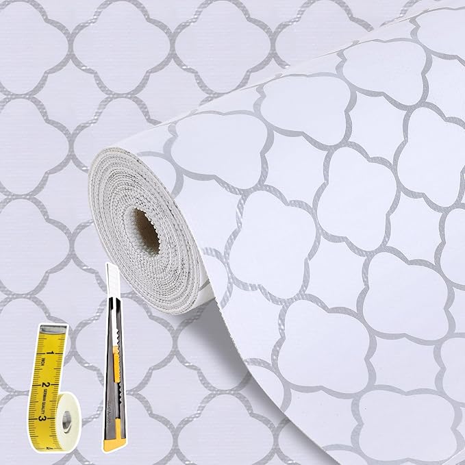 Shelf Drawer Liners for Kitchen Cabinets Non Adhesive Drawer Liner Thickened Refrigerator Liner Silver Quatrefoil Strong Non-Slip Paper for Tool Box with Knife and Tape Measure,23.6 x 236.2 Inches