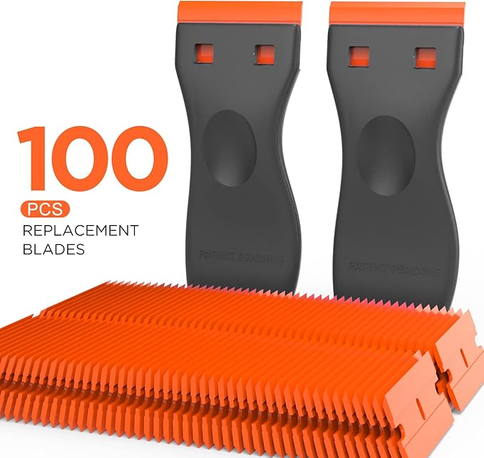 Plastic Razor Blades Scraper Tool - 2 Pack Wall Paint Remover with 100 PCS Blades Kit No Scratch Car Window Glass Wood Sticker Removal Floor Stove Kitchen Vinyl Adhesive Decal Tape Cleaning
