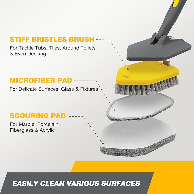 Shower Scrubber with Long Handle for Cleaning, 56" Extendable 3 in 1 Shower Cleaner Brush, Interchangeable Tub Scrub Brush Attachment for Cleaning Bathroom Bathtub Floor Wall