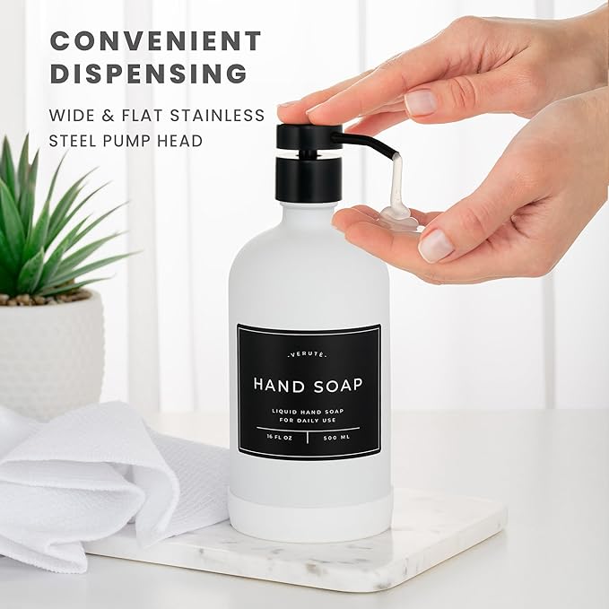 Hand and Dish Soap Dispenser for Kitchen and Bathroom, Set of 2 16 Oz Glass Bottles, Stainless Steel Pumps, Non-Slip Silicone Base, 27 Waterproof Labels (Matte White Bottle/Black Pump)