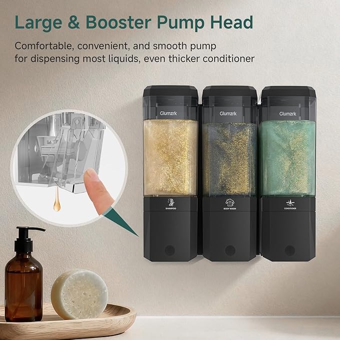 Shampoo and Conditioner Dispenser 3 Chamber No Drill Shower Soap Dispenser Wall Mounted Shampoo Conditioner Body Wash Refillable Bathroom Shower Dispenser (Black+Smoke Gray 3 Chamber)