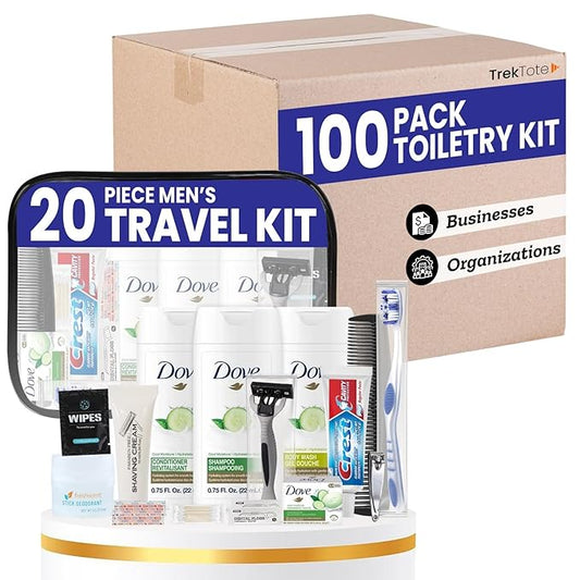 TrekTote 20 Piece Unisex Travel Hygiene Kit with Toiletries & Personal Care Essentials, TSA-Compliant, Individual and Bulk Packs Available