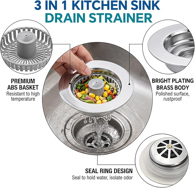 Kitchen Sink Stopper, 3 in 1 Pop Up Kitchen Sink Drain Strainer, with an Extra Basket Strainer, Sink Drain Stopper for US Standard 3-1/2 Inch, Brass Material Electroplate (Silver)