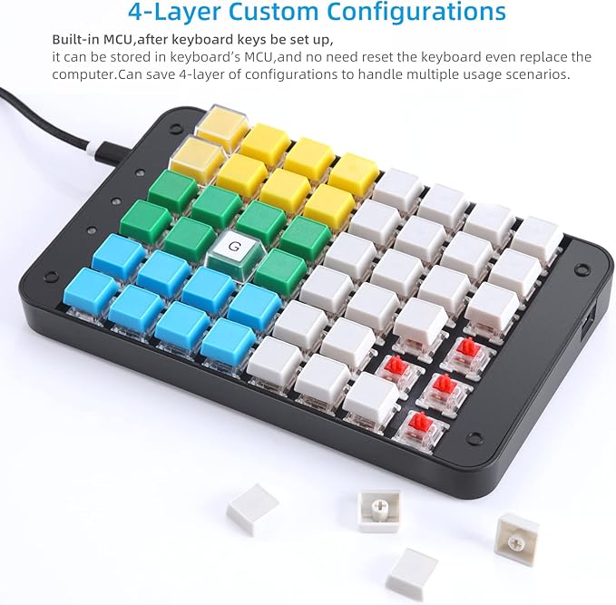 Koolertron One Handed Macro Mechanical Gaming Keyboard, Fully Programmable Mini Keypad, 48-Key Mini USB Macro Keyboard with Blank Keycaps, for Gamers/Cashier/Designers/Video Editors