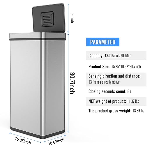 70L / 18.5 Gallon Smart Automatic Trash Can with Deodorizer Compartment, Stainless Steel Body and Mute Sensor Lid for Kitchen Office Living Room and More, Assemble Large Capacity Garbage Can - Silver