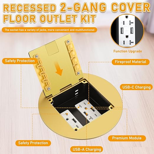 1 Pcs Recessed Floor Outlet 4. 72" x 4. 72" x 3. 94" 2-Gang with 4. 8a USB Chargers 20 Amp Floor Receptacles Round Hidden Outlet Kit Electrical Waterproof Box, Etl Listed (Gold)