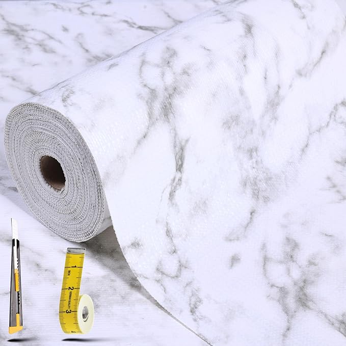 Shelf Liners for Kitchen Cabinets 17in x 30FT, Non Adhesive Drawer Liner Marble Pattern Thickened Shelf Liner Non-Slip Easy to Clean for Tool Box Refrigerator with Knife and Tape Measure