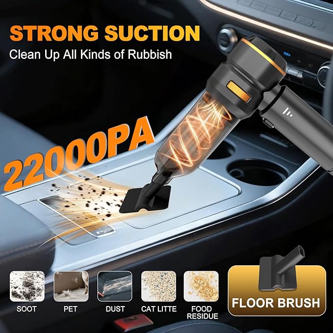 Handheld Car Vacuum Cleaner, 4-in-1 Cordless Vacuum Cleaner, 22000 PA High Power Portable Car Vacuum with Brushless Motor, for Home, Office, Camping (Black Golden)
