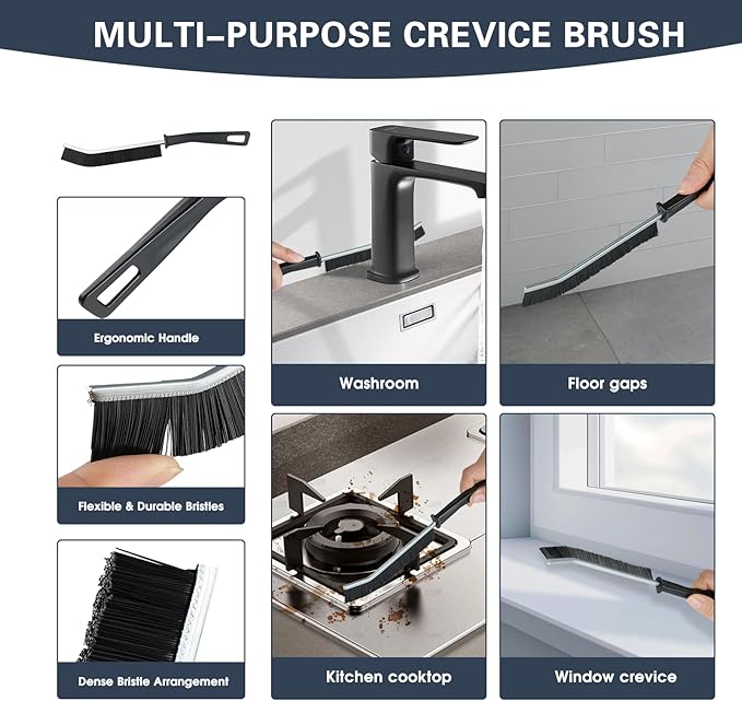 Floor Scrub Brush with Long Handle, 2 in 1 V-Shape Grout Brush with Squeegee + 2 Crevice Cleaning Brushes, Heavy Duty Stiff Bristle Scrubber Brush for Cleaning Shower Bathroom Kitchen Tile