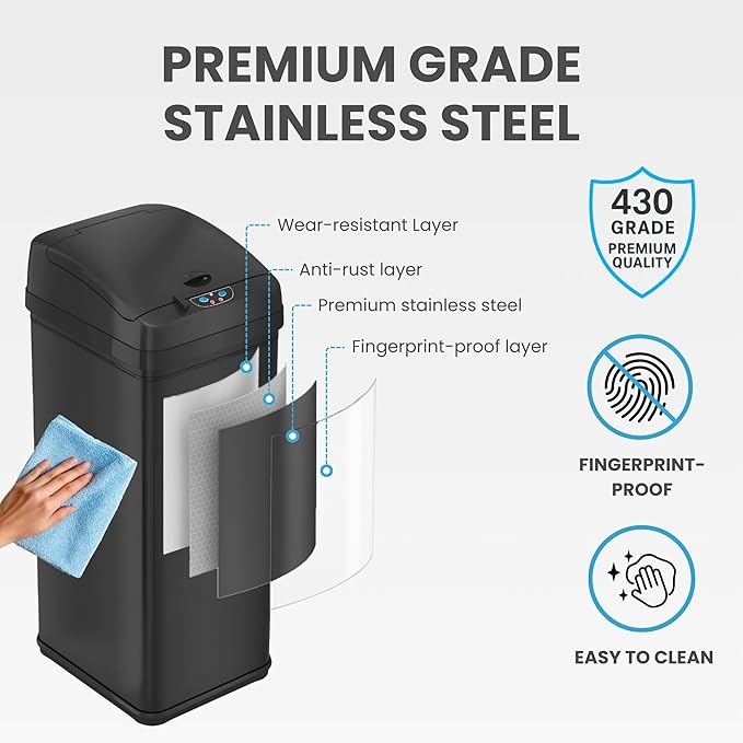 iTouchless 13 Gallon Kitchen Trash Can with Odor Filter, Automatic Motion Sensor Bin, Soft-Close Stainless Steel, Slim Wastebasket for Narrow Spaces, Matte Black
