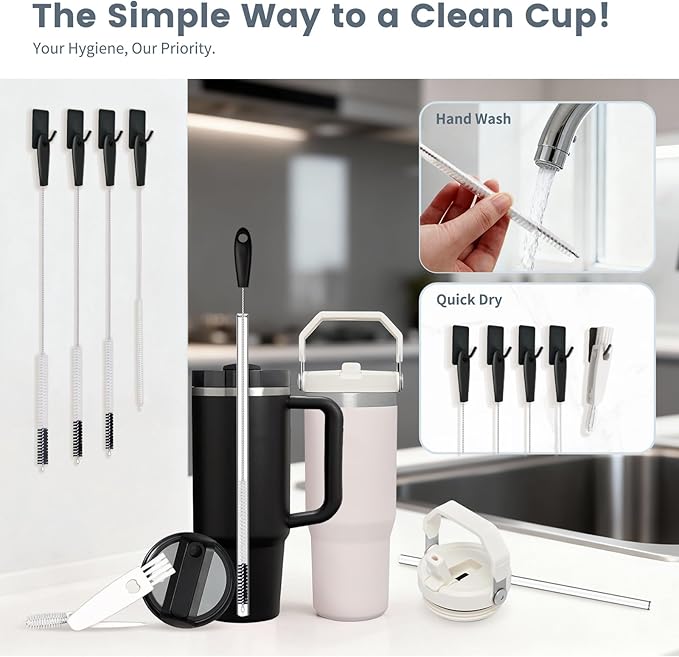 5 Pack Straw Cleaning Brush Set, 15" Extra Long Straw Cleaner Brush, 4 Sizes Reusable Straw Cleaner Brush, 3-In-1 Cup Lid Cleaning Brush for Stanley/Owala/Yeti/Hydro, Sturdy Brush Bristles(Black)