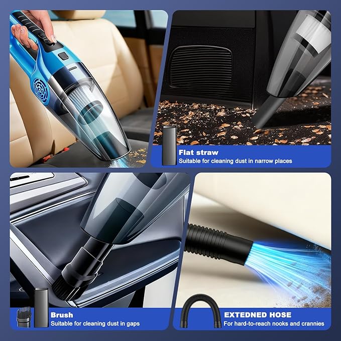 Car Vacuum Cleaner – 9000PA High Power Suction, DC 12V Portable Handheld Auto Vacuum with Attachments, Mini Car Interior Cleaner for Pet Hair, Dust, Crumbs, and Debris (Ocean Blue)