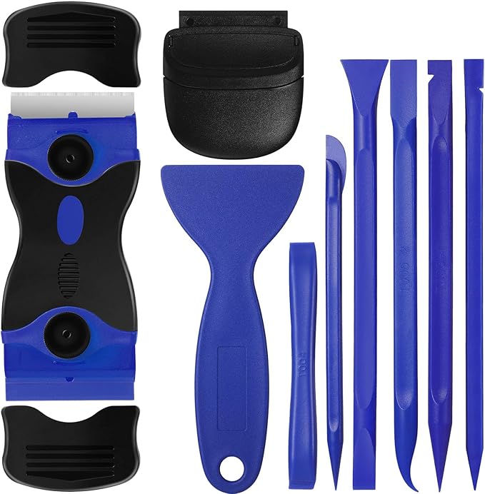 Tallew 9 Pcs Plastic Scraper Tool Sticker Plastic Razor Blade Scraper Plastic Pick Plastic Non Scratch Tool Putty Knife for Window Floor Label Removal Paint Cleaning(Dark Blue)
