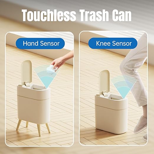 Yatmung 2 Pack - Motion Sensor Trash Can with Lid Slim Smart Garbage Can - Waste Basket for Bedroom, Office, Kitchen, Living Room - Automatic Trash Can Bathroom Touchless - White with Wooden Legs