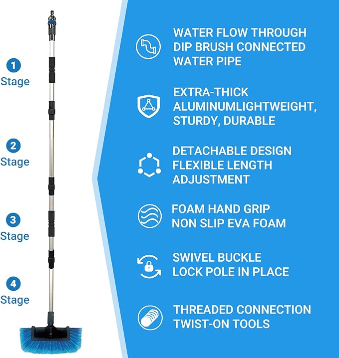 72" Long Handle Car Wash Brush with Hose Attachment, Flow-Through Soft Bristle Five-Sided Brush