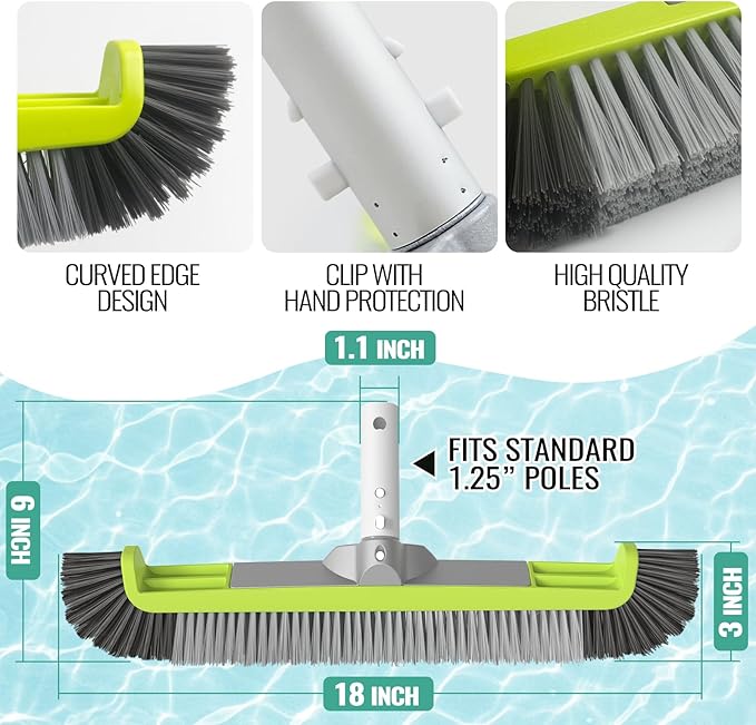 18" Pool Brush Head for Cleaning Swimming Pool Walls, Curved Ends High-Efficiency Scrub Brush for Tile, Flooring and Vinyl Pools, Fiberglass, Fits Φ1.25” Poles (Green & Dark Gray & Gray)