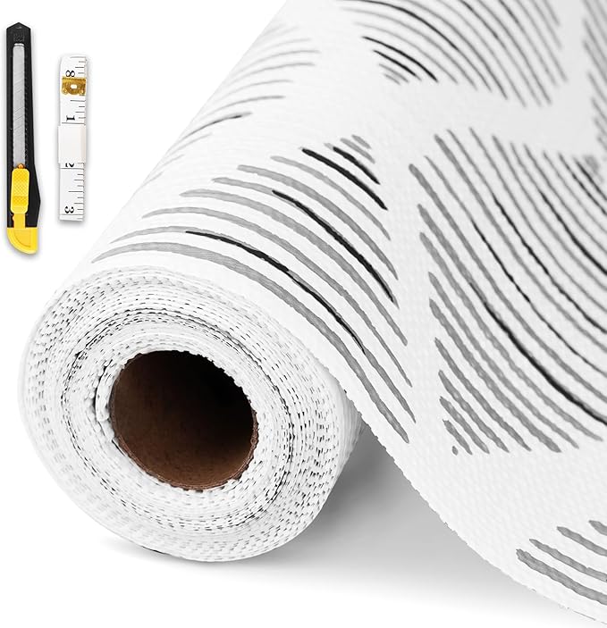 Drawer and Shelf Liner for Kitchen Cabinet,Non-Adhesive Cabinet Liner 24in x 30FT,Waterproof Shelf Paper Non-Slip Mats Cupboard Liner Contact Protect Dresser/Shelves/Table-Square Stripes