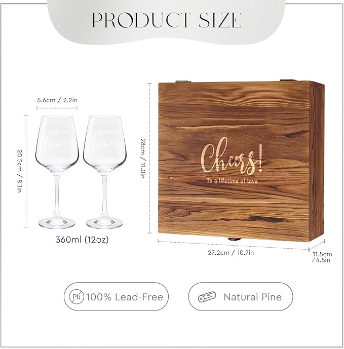 AW BRIDAL Engagement Gifts for Couples Wine Glasses Set, 2026 Fiance Gifts for Women and Newlyweds, Engaged Wine Glasses with Wine Stopper and Wood Keepsake Box, Bridal Shower Gifts for Bride
