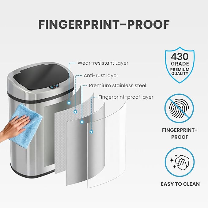 iTouchless 13 Gallon Oval Sensor Trash Can with AC Adapter and Odor Filter, Automatic Motion Sensor Kitchen Bin, Soft-Close Stainless Steel, Slim Curved Wastebasket for Narrow Walkways, Matte Silver