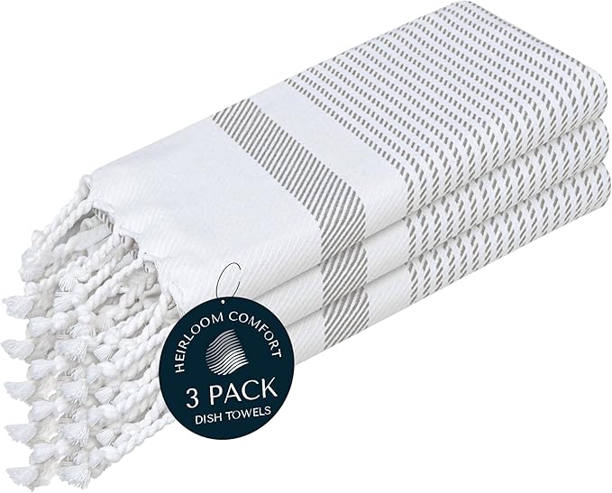 Ash Grey Turkish Kitchen Towels 16x26 Inch, 3 Pack, 100% Cotton, Ultra Absorbent, Soft, Fast Dry, Machine Washable, Dish Towel with Tassels for Drying Dishes, Cleaning, Everyday Use