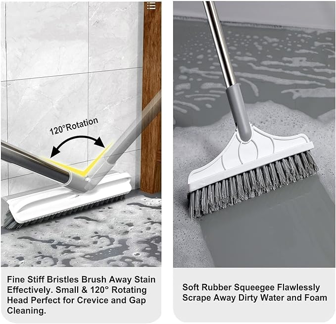 2 in 1 Cleaning Scrub Brush Grout Brush Scrape Floor Scrub Brush with Long Handle V-Shape Stiff Bristle Brush Scrubber with Squeegee 120°Rotating Shower Scruber for Cleaning Bathroom Glass Wall