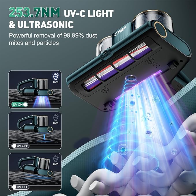 Mattress Vacuum Cleaner, Bed Vacuum Cleaner with 16Kpa Suction 253.7nm UV-C Light, Ultrasonic & High Heating, 500W Powerful Double-Cup Handheld Vacuums for Bed, Sofa, Couch, Crib, 16.4FT Corded