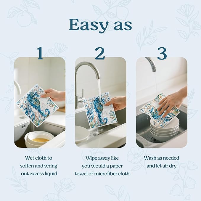 Swedish Dishcloths for Kitchen, Summer Coastal Ocean Seahorse Beach Decor Kitchen Dish Towels for Washing Dishes, 4 Pack Reusable Paper Towels, Sponge Cloths for for Home Cleaning Cooking