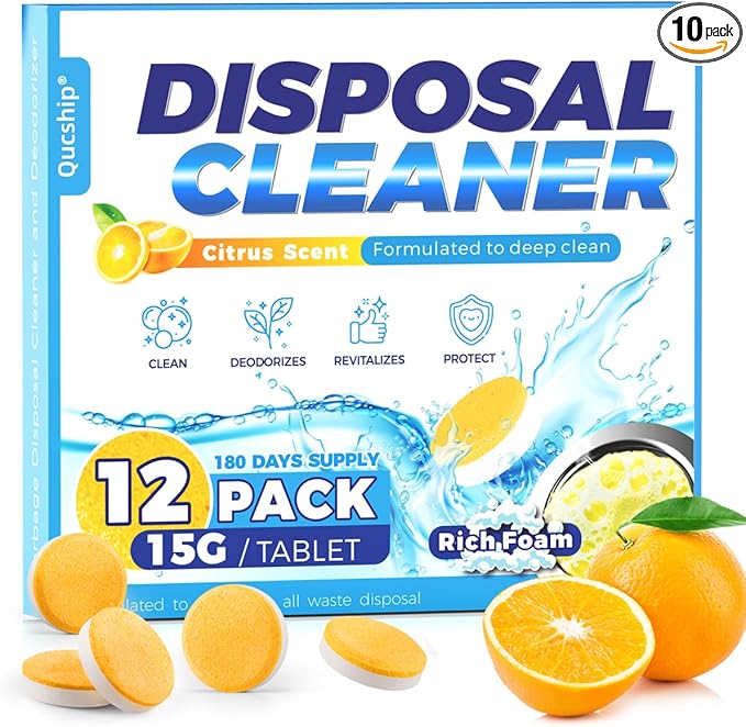 Qucship Garbage Disposal Cleaner Tablets - 12 Pack, XXL Foaming Disposal Cleaner - Powerful Deep Cleaning & Grease Remover, Septic Safe Kitchen Sink Drain Care for Maintenance