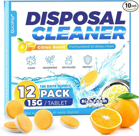 Qucship Garbage Disposal Cleaner Tablets - 12 Pack, XXL Foaming Disposal Cleaner - Powerful Deep Cleaning & Grease Remover, Septic Safe Kitchen Sink Drain Care for Maintenance